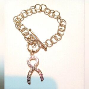 Breast Cancer Awareness Pink Ribbon Charm Bracelet Toggle Closure 8" Silver Tone